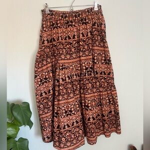 Free People Boho Tiered Midi Skirt Rust Print Smocked Waist M